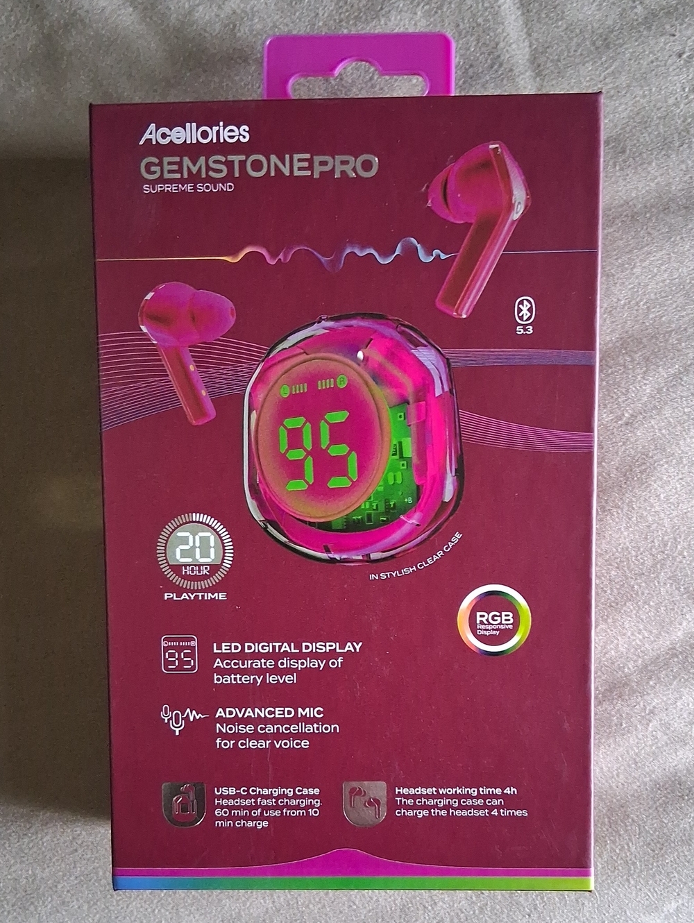 Pink Wireless Earbuds with LED Battery Display,20 Hours,phone Calls, Music,etc..